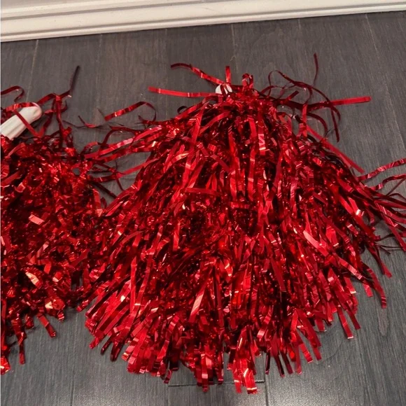 NWOT Metallic Red Cheerleading Pom Poms with Handles Girls Cheerleader - Picture 3 of 4
